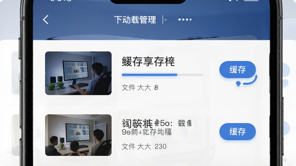 壹众享离线缓存功能示意图,主体为手机屏幕显示下载管理界面,布局为列表形式展示已缓存内容,排版为左侧缩略图右侧文字信息,风格为简约商务,细节包含进度条、缓存按钮、文件大小标注,画质高清,干净,无多余元素。