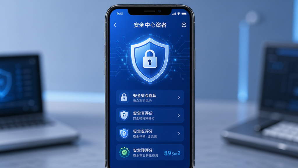 壹众享安全隐私保护功能展示,主体为手机屏幕显示安全中心页面,布局为盾牌图标居中加下方安全项列表,排版为纵向排列,风格为科技蓝色调,细节包含锁形图标、加密标识、安全评分,画质高清,干净,无多余元素。