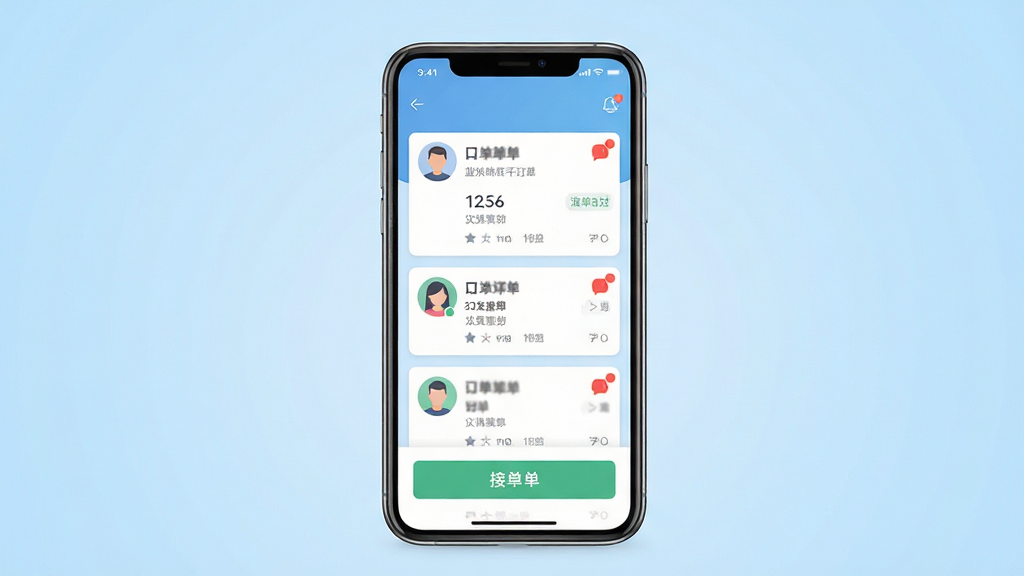 找个人接单端手机应用界面展示,画面中央是一部竖屏智能手机,屏幕内呈现订单列表与接单按钮,背景为浅蓝色渐变,布局简洁清晰,风格为扁平化UI设计,细节包含订单卡片、头像图标、消息红点,画质高清,干净,无多余元素