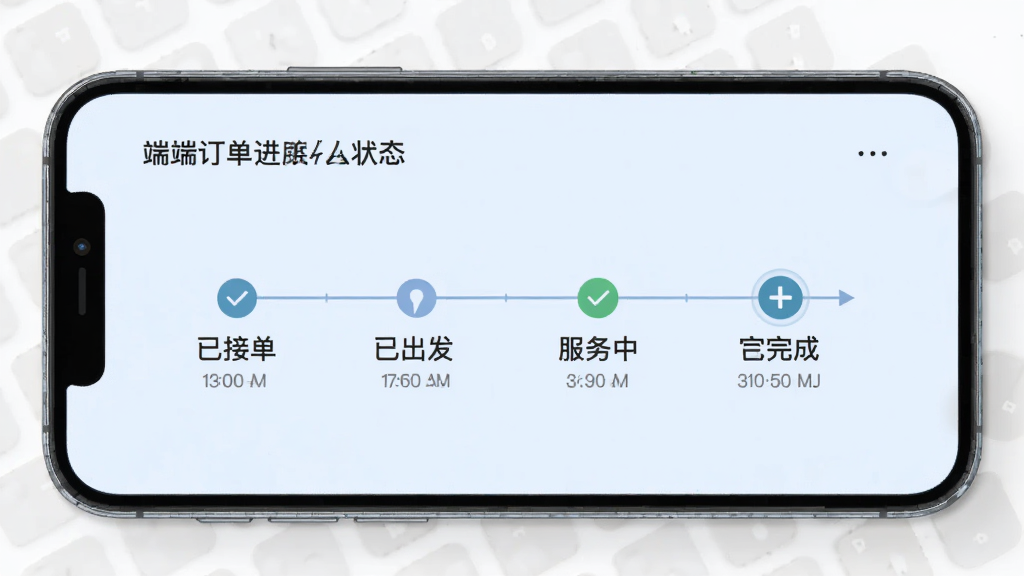 找个人接单端订单进度跟踪界面,手机屏幕显示时间轴式状态节点,包含已接单、已出发、服务中、已完成,背景为淡蓝色,风格为极简商务,细节有对勾图标与时间戳,画质清晰,干净,无多余元素