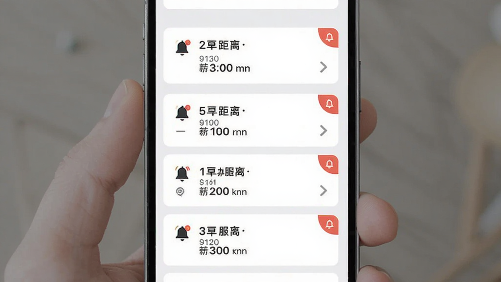 找个人接单端APP内订单推送界面,手机屏幕显示多条订单通知卡片,每张卡片包含距离、价格、服务类型,背景为白色与浅灰搭配,风格为现代简约,细节有铃铛图标与红色角标,画质清晰,干净,无多余元素