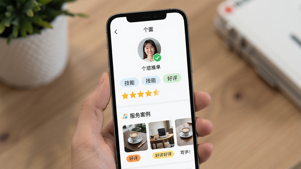 找个人接单端个人资料页面,手机屏幕展示头像、技能标签、评分星级与服务案例缩略图,布局为上下滚动式,风格为清爽浅色,细节有认证徽章与好评标签,画质高清,干净,无多余元素