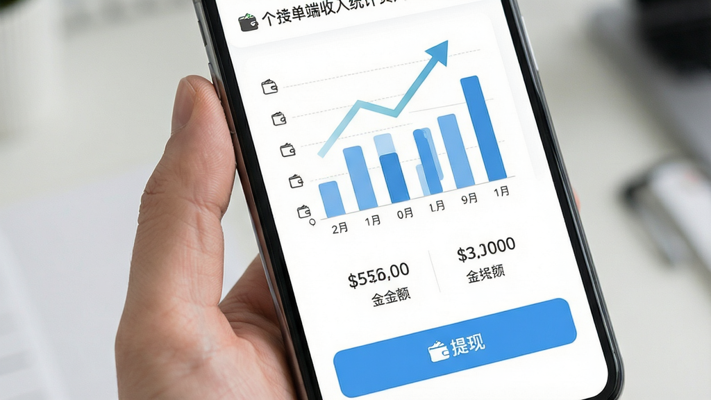 找个人接单端收入统计页面,手机屏幕显示柱状图与金额数字,下方有提现按钮,背景为白色,风格为清新浅色,细节有趋势箭头与钱包图标,画质清晰,干净,无多余元素