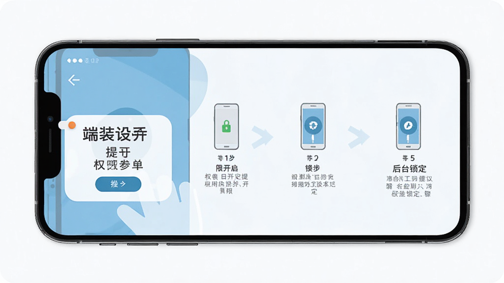 找个人接单端安装设置引导页面,手机屏幕展示权限开启提示与后台锁定步骤,布局为分步图示,风格为扁平化教程风,细节有箭头指引与设置图标,画质高清,干净,无多余元素