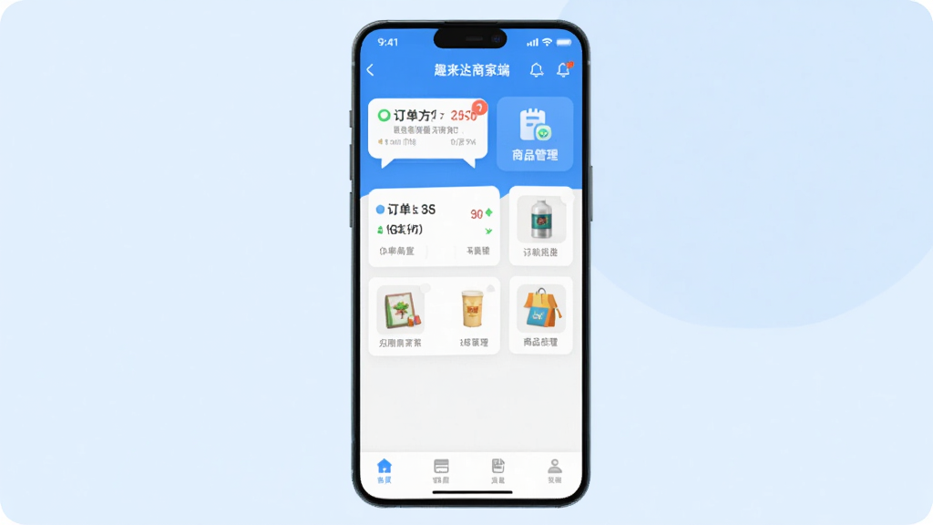 手机屏幕正中央展示趣来达商家端应用主界面,界面中有订单列表和商品管理图标,背景为简洁的浅蓝色渐变,画面布局为上中下结构,上方为状态栏和店铺名称,中间为功能模块网格,下方为底部导航栏,风格为扁平化商业插画,细节包括订单气泡提醒和商品缩略图,画质清晰干净,无多余元素