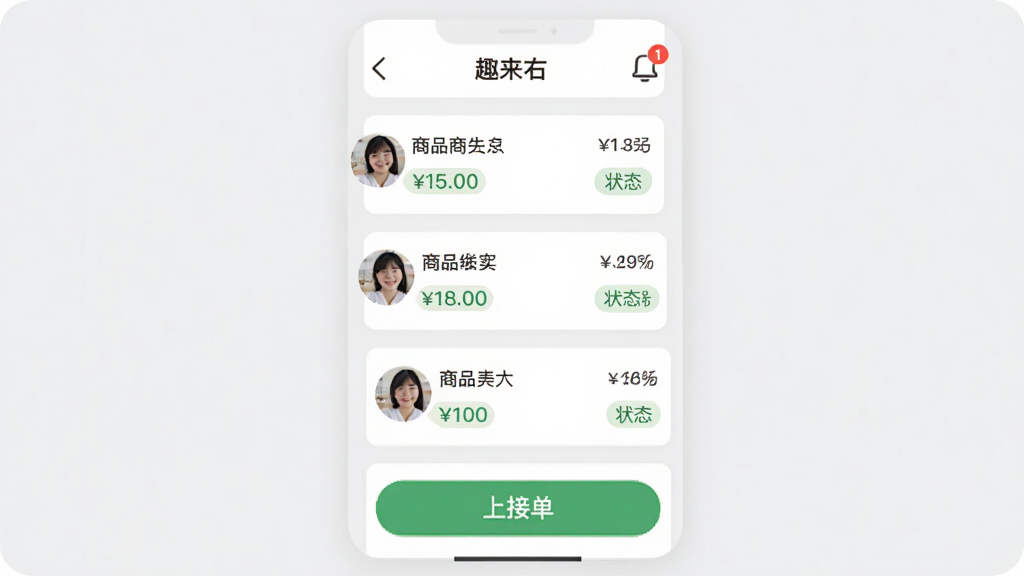 趣来达商家端手机界面展示订单管理页面,屏幕中央为订单卡片列表,每张卡片包含顾客头像、商品名称、价格和状态标签,背景为白色与浅灰色搭配,风格为现代简约UI风格,细节包括右上角的消息红点和底部的接单按钮,画质清晰干净,无多余元素