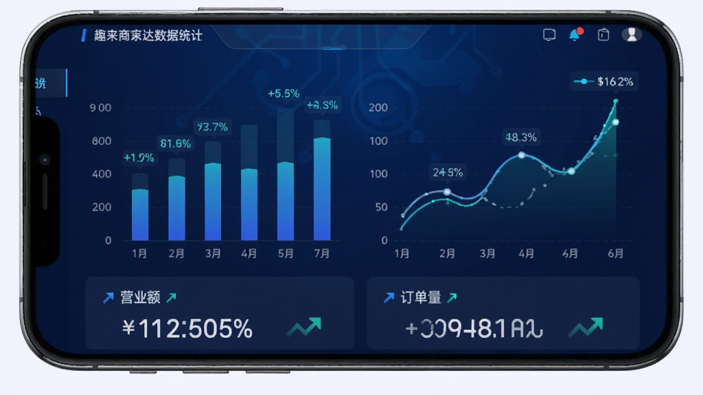 趣来达商家端数据统计页面,手机屏幕展示柱状图和折线图,图表下方有营业额和订单量数字,背景为深蓝色科技感渐变,风格为数据可视化仪表盘,细节包括百分比标签和趋势箭头,画质清晰干净,无多余元素