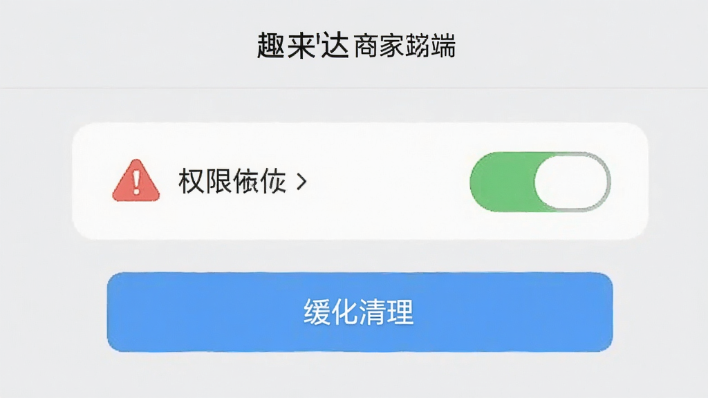 趣来达商家端手机界面展示设置页面,屏幕中有权限开关和缓存清理按钮,背景为浅灰色,风格为清晰工具类UI,细节包括红色警告图标和蓝色优化提示,画质清晰干净,无多余元素