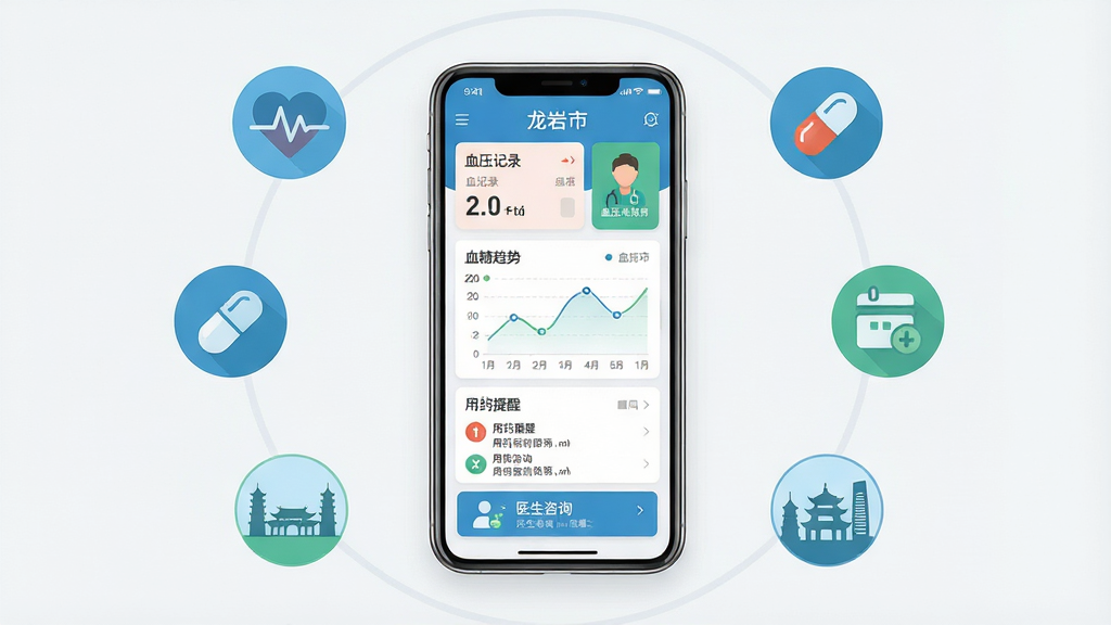 一张展示龙岩市一慢病管理手机应用界面的全景图。画面中央是一部竖直放置的智能手机,屏幕显示应用首页,包含血压记录卡片、血糖趋势图、用药提醒列表和医生咨询入口。手机周围环绕着心率图标、药丸图标、健康档案图标和龙岩市地标建筑剪影。布局采用中心辐射式构图,手机居中,图标环绕四周。风格为现代扁平化医疗健康类UI风格,色调以医疗蓝和健康绿为主,背景为干净的浅灰白色。细节上,手机屏幕内的图表线条清晰,数据点明确,图标线条简洁圆润。画质高清,干净,无多余元素。