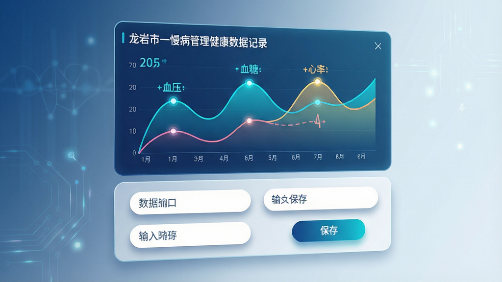 一幅展示龙岩市一慢病管理健康数据记录功能的AI生图。画面主体是一个悬浮在空中的半透明数据面板,面板上显示着血压、血糖、心率三条不同颜色的折线图,线条流畅,数据点清晰。面板下方排列着几个圆角矩形的数据输入框和保存按钮。布局采用垂直分层结构,上方为图表区,下方为输入区。风格为科技感医疗数据可视化风格,色调以深蓝、青色和白色为主。细节上,折线图带有渐变填充,数据点有微光效果,输入框带有轻微的阴影。画质高清,干净,无多余元素。