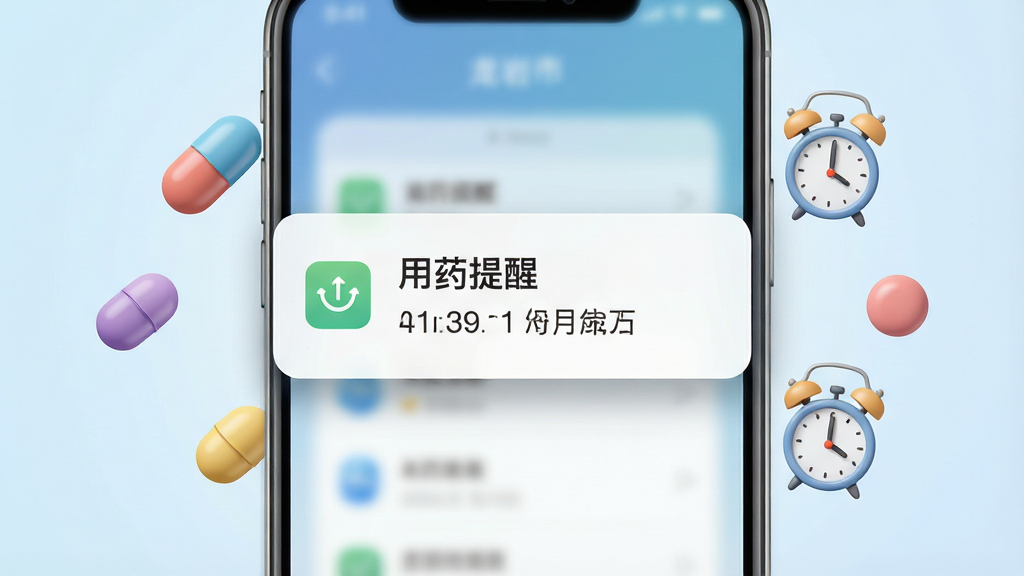 一幅展示龙岩市一慢病管理用药提醒功能的AI生图。画面中央是一个手机通知弹窗,弹窗上写着“用药提醒”和时间信息,周围环绕着不同颜色的药丸图标和一个小巧的闹钟图标。背景是淡蓝色的渐变。布局采用中心聚焦式,通知弹窗位于视觉中心。风格为简洁清新的移动端UI风格。细节上,药丸图标有立体感,闹钟指针清晰可见,通知弹窗带有柔和的投影。画质高清,干净,无多余元素。