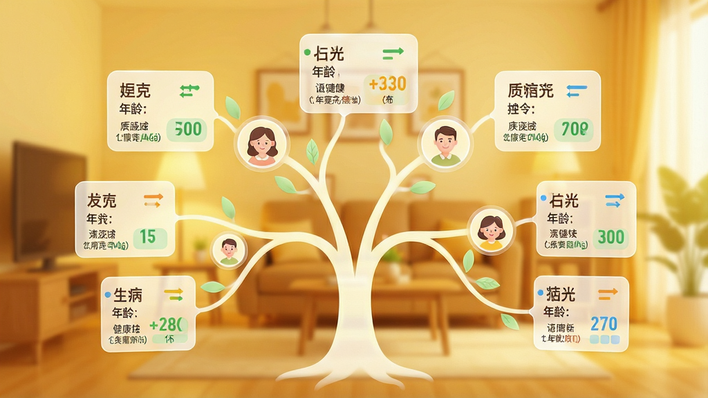 一幅展示龙岩市一慢病管理家庭健康档案共享功能的AI生图。画面中央是一个家庭树状结构图,每个家庭成员节点连接着一个半透明的健康档案卡片,卡片上显示姓名、年龄和关键健康指标。背景是温馨的家居环境剪影。布局采用树状发散式构图。风格为温暖亲和的家庭健康管理风格,色调以暖黄色、浅绿色和白色为主。细节上,档案卡片边缘圆润,指标数据用不同颜色区分,家庭树线条柔和。画质高清,干净,无多余元素。