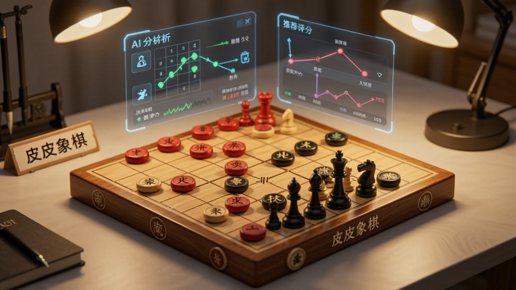画面中央摆放一副精致的木质中国象棋棋盘,红黑棋子整齐排列成开局阵型,棋盘上方悬浮着半透明的蓝色AI分析数据面板,显示走法评分与推荐线路,背景是干净的书房桌面,暖色台灯照亮棋盘局部,整体风格写实且带有科技感,画面中棋盘侧方立着一块小标牌写着