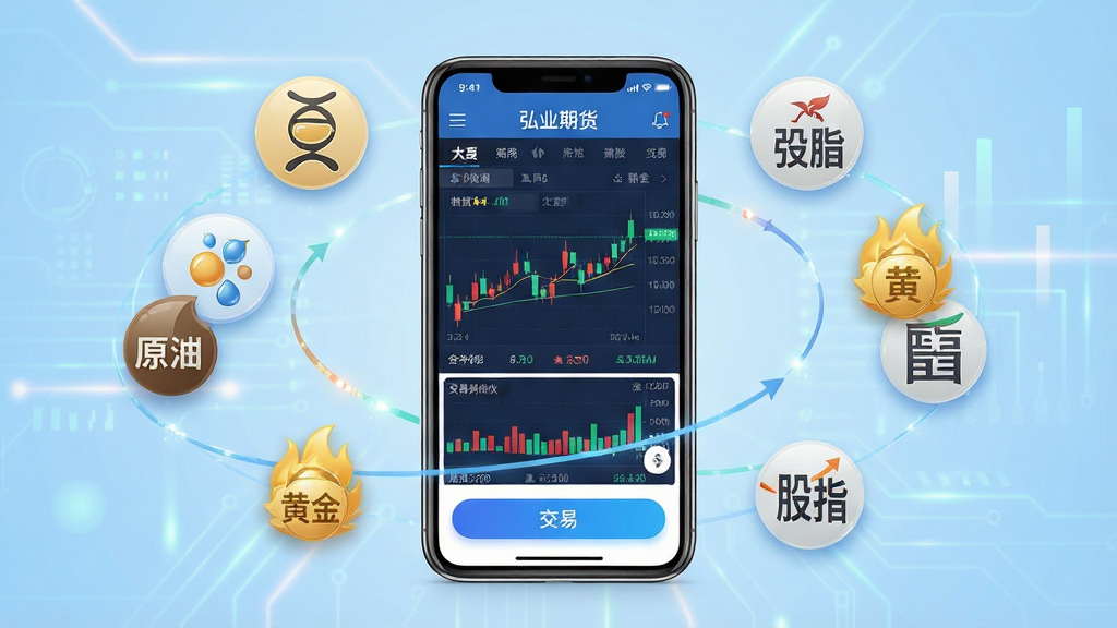 一张展示弘业期货手机应用界面的场景图,画面中央是一部智能手机,屏幕上清晰显示弘业期货App的行情列表和交易按钮,手机周围环绕着期货品种图标如大豆、原油、黄金、股指等元素,背景为浅蓝色渐变科技风格,布局采用中心聚焦式,排版简洁大气,风格为现代金融科技感,细节处体现K线图、数据跳动效果,画质高清干净,屏幕中显示文字“弘业期货”,无多余元素