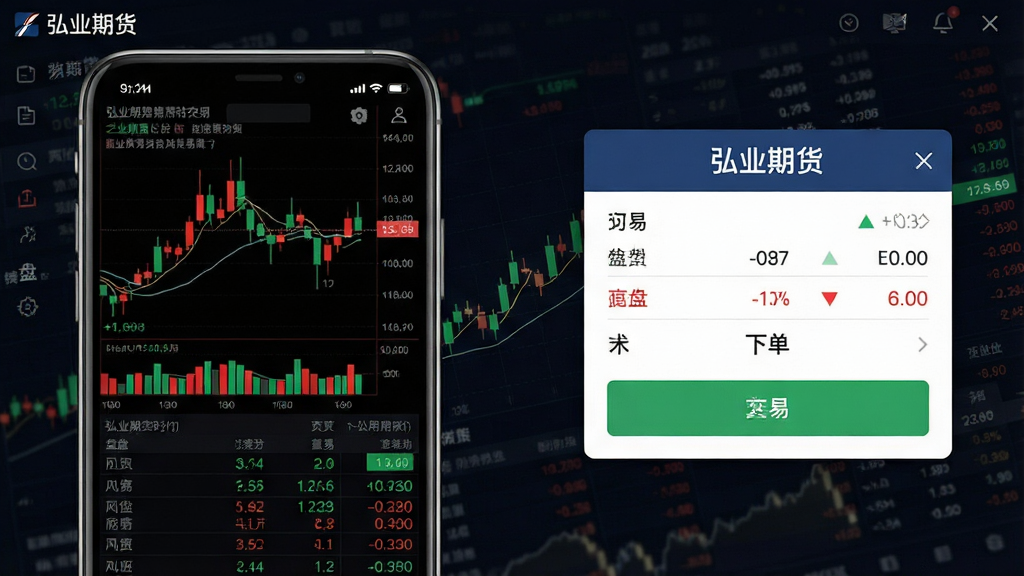 一张展示弘业期货实时行情与交易功能的界面图,画面左侧为手机屏幕显示K线图和盘口数据,右侧为交易下单弹窗,背景为深色金融数据风格,布局采用左右分栏对比式,排版清晰直观,风格为专业金融科技感,细节处体现红绿涨跌色块和数字跳动效果,画质高清干净,屏幕中显示文字“弘业期货”,无多余元素