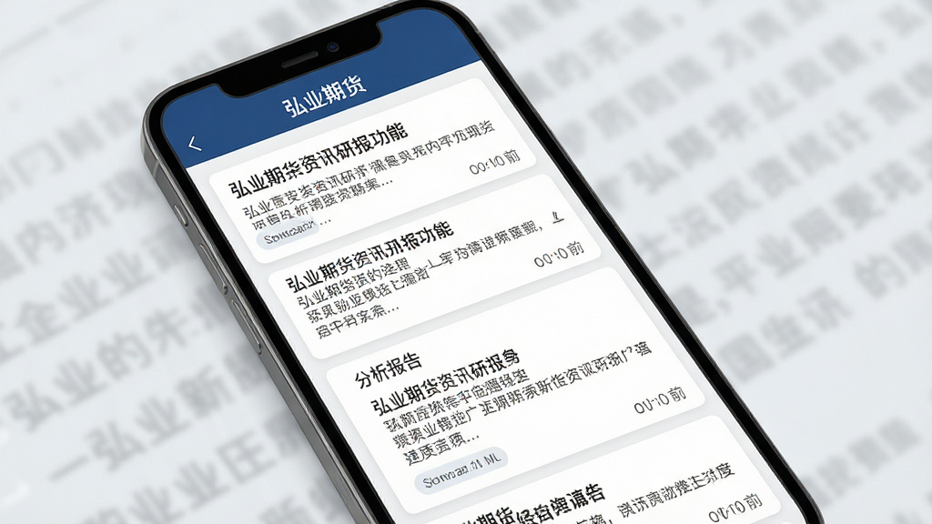 一张展示弘业期货资讯研报功能的界面图,画面为手机屏幕显示新闻列表和分析报告卡片,背景为浅灰色阅读风格,布局采用卡片式列表排版,风格为现代简约商务风,细节处体现标题、摘要和时间标签,画质高清干净,屏幕中显示文字“弘业期货”,无多余元素