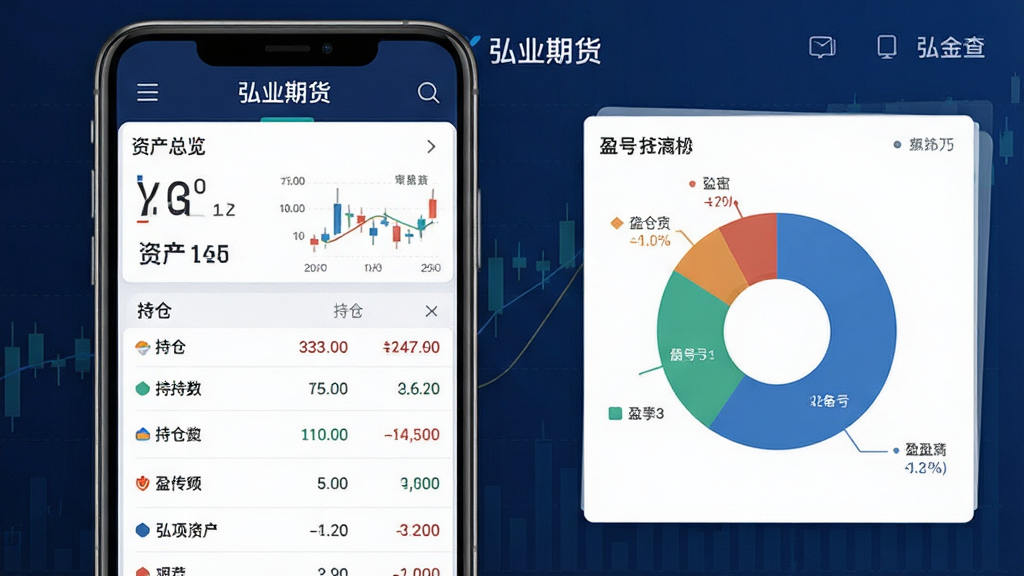 一张展示弘业期货账户管理与资金查询功能的界面图,画面为手机屏幕显示资产总览、持仓列表和盈亏饼图,背景为深蓝色金融风格,布局采用仪表盘式排版,风格为专业数据可视化风,细节处体现数字和图表元素,画质高清干净,屏幕中显示文字“弘业期货”,无多余元素