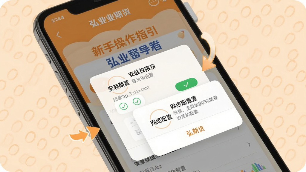 一张展示弘业期货App新手操作指引的界面图,画面为手机屏幕显示安装权限设置和网络配置提示弹窗,背景为浅橙色温馨提示风格,布局采用图文结合式排版,风格为友好新手引导风,细节处体现勾选按钮和箭头指引,画质高清干净,屏幕中显示文字“弘业期货”,无多余元素