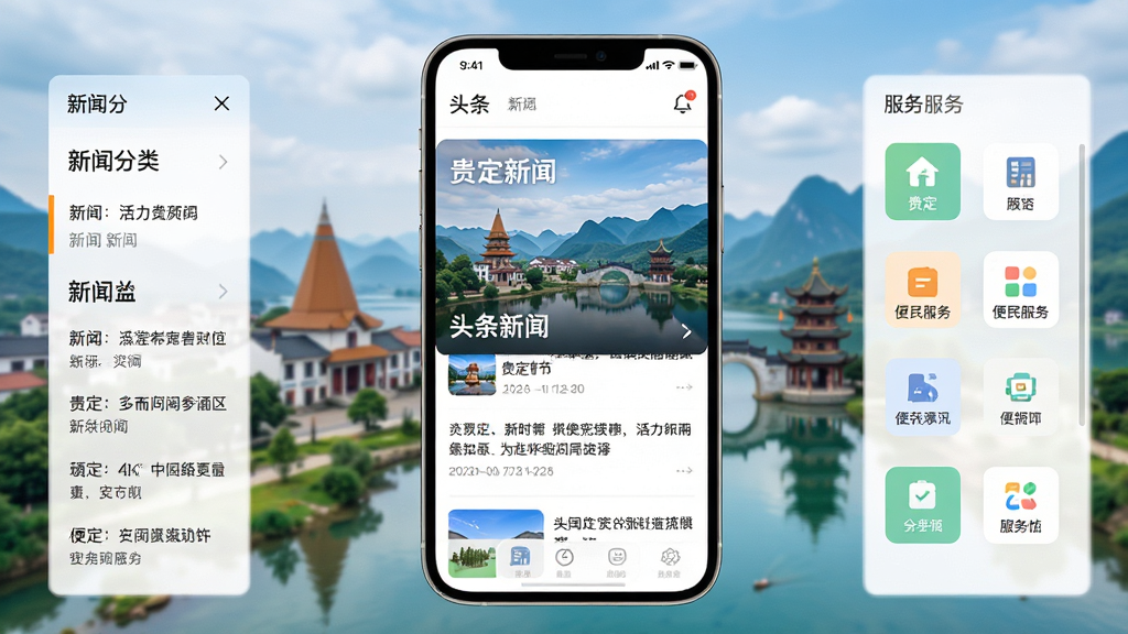 活力贵定软件主界面展示,画面中央是手机屏幕,屏幕内显示新闻资讯列表和便民服务图标,背景是贵定县标志性建筑和山水风光,整体布局为左中右三栏式,左栏为新闻分类,中栏为头条新闻大图,右栏为服务功能按钮,风格为现代扁平化设计,细节包括清晰的文字排版和柔和的光影,画质为4K超高清,干净整洁,无多余元素