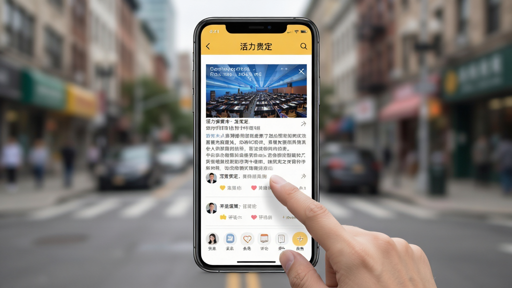 活力贵定移动端操作界面,手机屏幕展示新闻详情页和评论互动区,画面中有手指点击屏幕的动作,背景为模糊的城市街景,布局为居中构图,风格为写实生活风格,细节包括清晰的文字和图标,画质为高清,干净,无多余元素