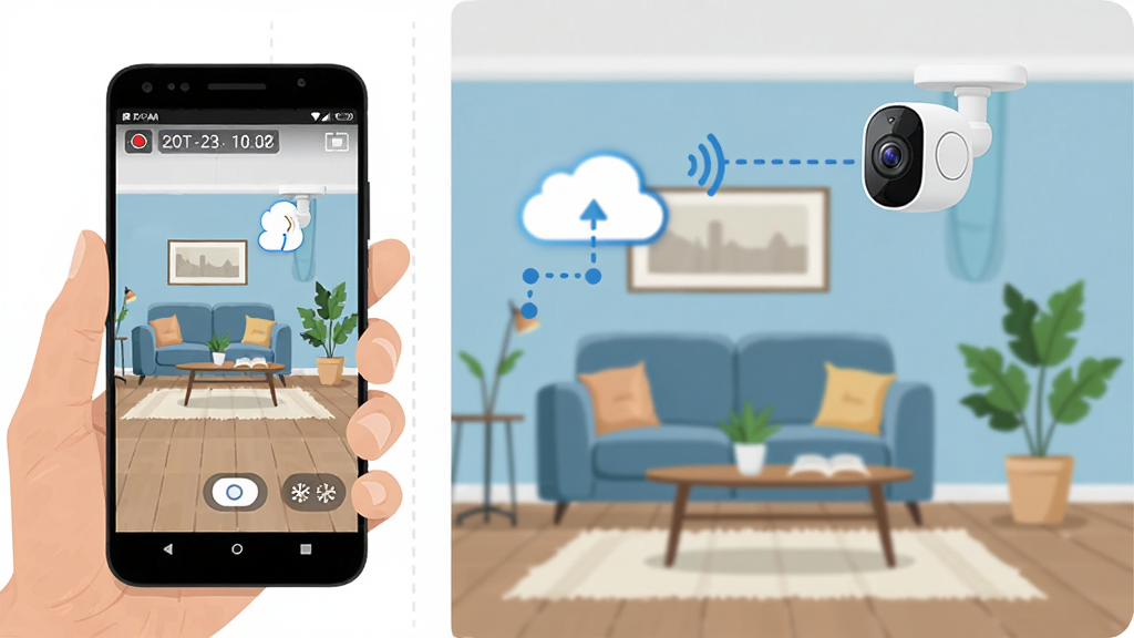 Z-IOT CAM 实时远程监控功能展示图,画面左侧是一部手持安卓手机,手机屏幕显示着摄像头实时画面,画面右侧是一个家庭客厅场景,客厅中安装着一台智能摄像头,摄像头与手机之间用虚线连接表示网络传输,画面中还有云朵形状的图标表示云端中转,整体布局为左右对比式,排版简洁,风格为扁平化科技插画,细节上手机屏幕有录像时间戳和清晰度切换按钮,客厅场景中有沙发、茶几和绿植,画质清晰干净,无多余元素