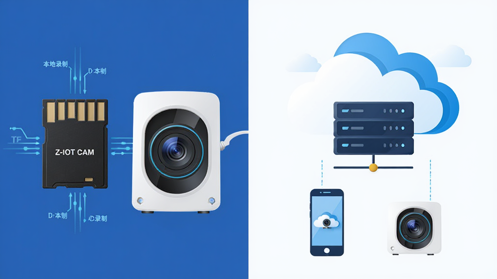 Z-IOT CAM 本地与云端存储功能展示图,画面分为左右两部分,左侧展示一张TF存储卡和一台摄像头,存储卡周围有数据线条表示本地录制,右侧展示一朵云和一个服务器图标,云下方有手机和摄像头,表示云端备份,整体布局为左右对称式,排版简洁明了,风格为扁平化科技插画,细节上存储卡有金属触点,云朵有层次感,画质清晰干净,无多余元素