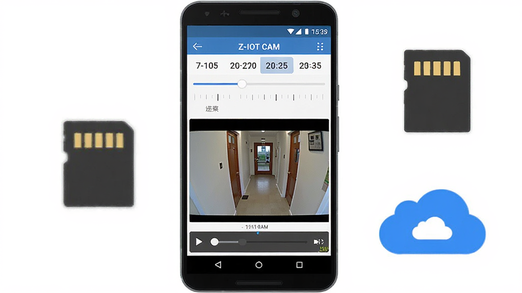 Z-IOT CAM 历史录像回放功能展示图,画面主体是一部安卓手机,手机屏幕显示录像回放界面,界面中有时间轴、日期选择器和视频播放窗口,视频画面显示的是门口走廊场景,手机旁边有一个存储卡图标和一个云存储图标,整体布局为居中构图,排版清晰,风格为现代扁平化UI插画,细节上时间轴有刻度和滑块,日期选择器显示月份和日期,画质干净清晰,无多余元素