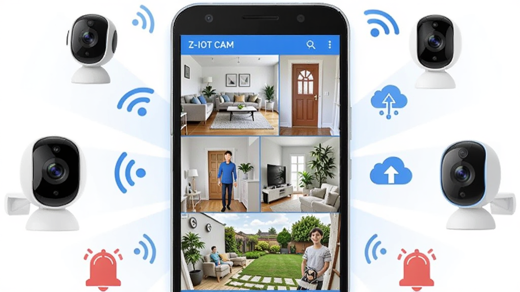 Z-IOT CAM 是一款智能监控手机应用,画面中央展示一部安卓手机,手机屏幕上显示着多路摄像头实时监控画面,画面中有客厅、门口、庭院等不同场景的小窗口,手机周围环绕着智能摄像头设备、WiFi信号图标、云存储图标和告警铃铛图标,整体布局采用居中构图,手机为主体,周围元素呈放射状分布,排版清晰有序,风格为现代科技感扁平插画,细节上手机边框有轻微光影,监控画面中的人物和物体轮廓清晰,色彩以蓝色、白色和浅灰色为主,画质干净清晰,无多余元素,适合软件下载站配图使用