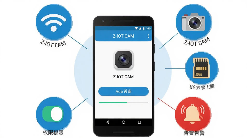 Z-IOT CAM 新手使用指南示意图,画面中央是一部安卓手机,手机屏幕显示Z-IOT CAM的设备添加界面,手机周围有多个图标和标签,包括WiFi信号图标、摄像头图标、存储卡图标、权限开关图标和告警铃铛图标,每个图标旁边有简短的文字标注,整体布局为环形围绕式,排版清晰,风格为扁平化信息图插画,细节上手机界面有添加设备按钮和进度条,画质干净清晰,无多余元素
