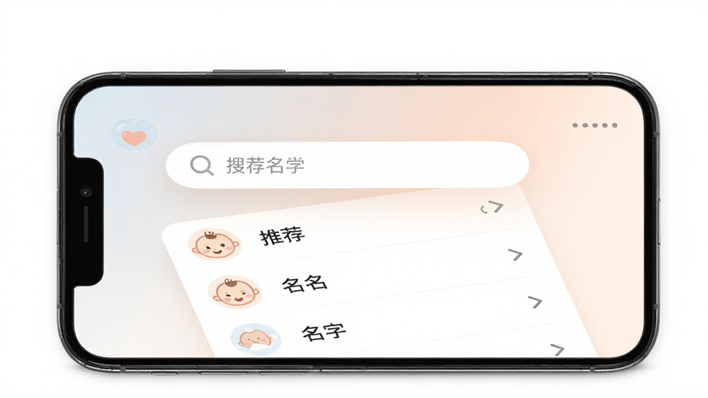 宝宝好名通软件主界面展示,主体为一部智能手机,屏幕上显示起名应用界面,布局中央为搜索框和推荐名字列表,排版清晰,风格温馨现代,细节包括柔和的配色、婴儿元素图标,画质高清,干净,无多余元素