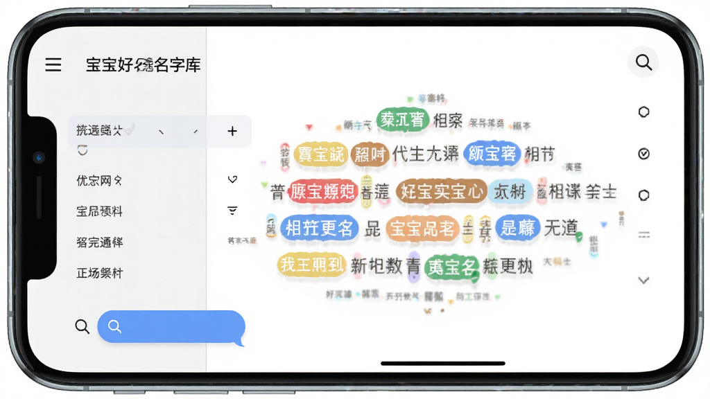 宝宝好名通名字库界面,画面主体为手机屏幕显示大量名字标签云,布局采用左右分栏,左侧为筛选条件,右侧为名字列表,风格清新简约,细节有彩色标签和搜索图标,画质高清,干净,无多余元素