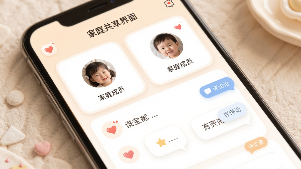 宝宝好名通家庭共享界面,画面主体为手机屏幕显示家庭成员头像和投票列表,布局为卡片式排列,风格温馨柔和,细节有爱心图标和评论气泡,画质高清,干净,无多余元素