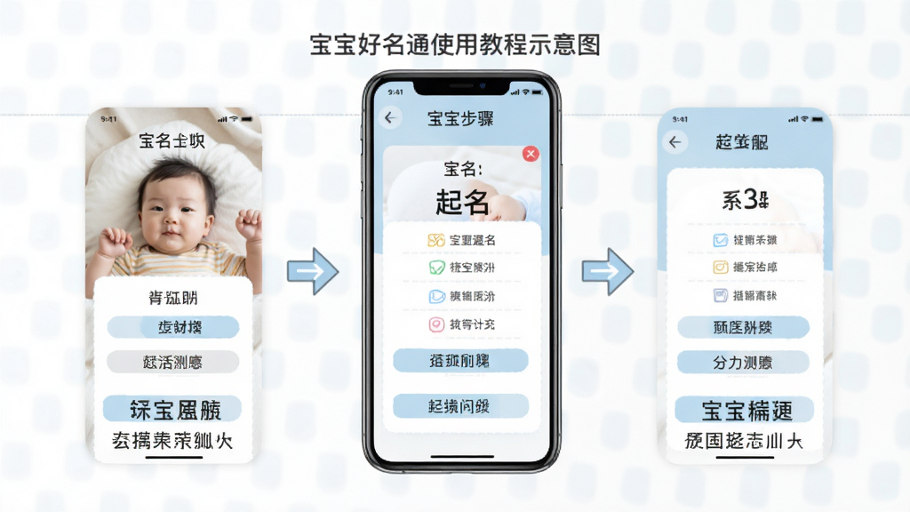 宝宝好名通使用教程示意图,主体为手机屏幕展示起名步骤,布局为分步截图排列,风格简洁明了,细节有箭头指示和文字标注,画质高清,干净,无多余元素