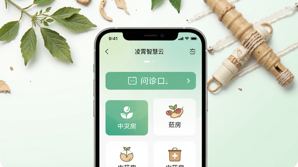 主体为一部智能手机屏幕展示凌霄智慧云应用主界面,布局为居中手机正面视图,排版为手机上方环绕淡雅的中草药叶片与脉枕元素,风格为清新医疗科技风,细节为界面内可见问诊入口与中药房图标、背景为浅绿与白色渐变,画质高清干净无多余元素