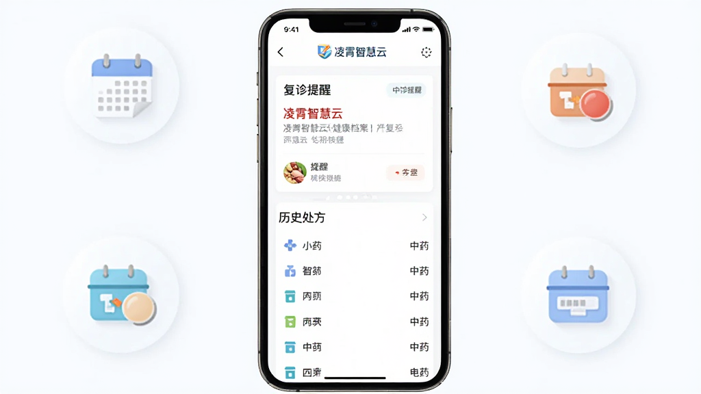 主体为手机屏幕展示凌霄智慧云健康档案页面,布局为手机居中、周围环绕日历提醒与药盒图标,排版为上方显示复诊提醒卡片、下方显示历史处方列表,风格为简约清爽的医疗应用风,细节为界面中可见凌霄智慧云字样与中药名称列表,画质高清干净无多余元素