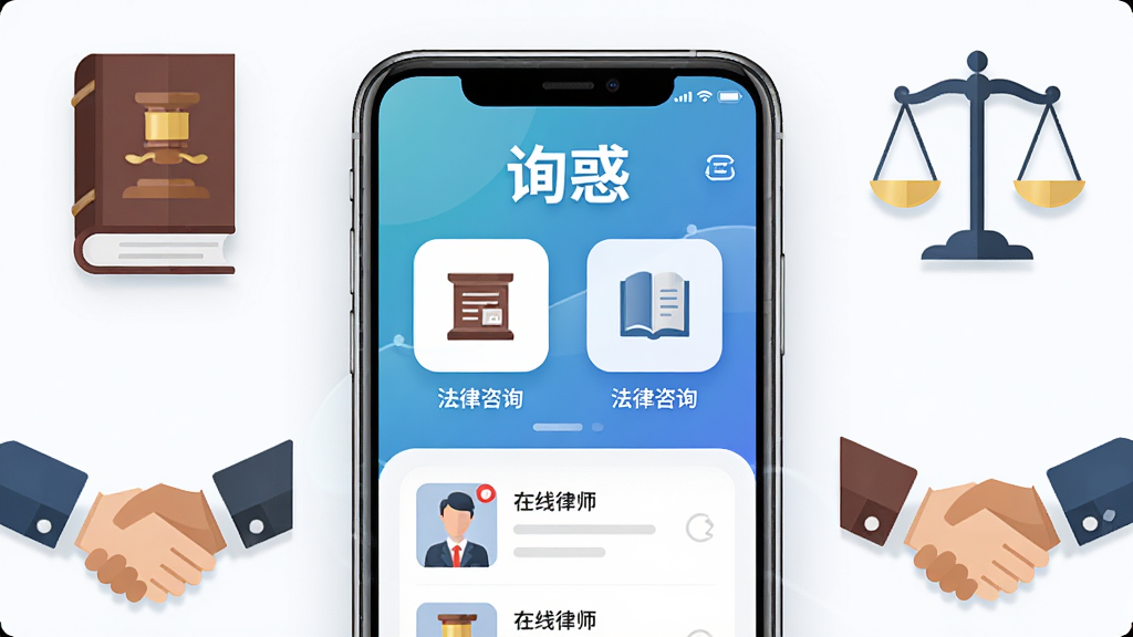 画面中央是一部智能手机,手机屏幕上显示着“询惑”APP的首页界面,界面中有法律咨询分类图标和在线律师列表。手机周围环绕着法典、天平、握手等象征法律与公正的扁平化图标。整体布局为居中构图,风格为现代科技感与专业法律感结合的插画风格,细节包括手机边缘的高光、图标的微阴影。画质清晰,干净,无多余元素。