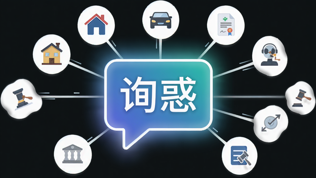 画面主体是一个发光的对话框,对话框内写着“询惑”二字,对话框周围连接着多个代表不同法律领域的小图标,如房屋、汽车、劳动合同等。布局为放射状构图,风格为简洁的扁平化设计,细节包括对话框的渐变光效和图标的小阴影。画质清晰,干净,无多余元素。
