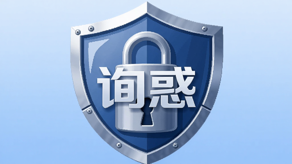 画面主体是一个盾牌,盾牌中心有“询惑”的Logo,盾牌表面有锁的图案,背景是柔和的蓝色渐变。布局为居中构图,风格为安全防护主题的扁平插画,细节包括盾牌的高光和锁的金属质感。画质清晰,干净,无多余元素。