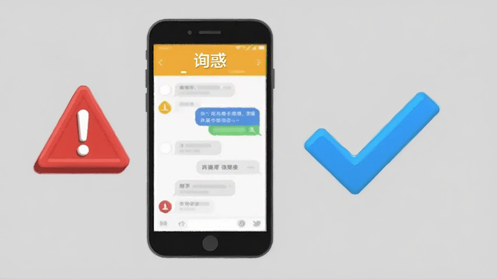 画面主体是一部手机,屏幕显示“询惑”APP的聊天界面,旁边有一个红色的警告标志和一个蓝色的对勾标志,背景是简洁的灰色。布局为左右对比构图,风格为扁平化提示插画,细节包括警告标志的立体感和对勾的亮色。画质清晰,干净,无多余元素。