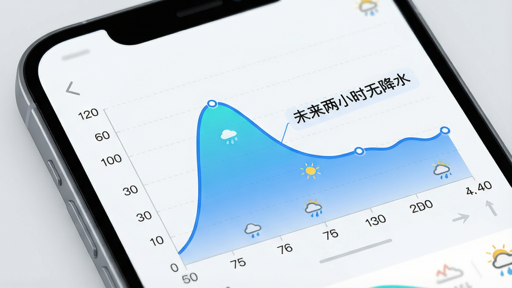 一张展示七彩天气预告分钟级降水预报功能的图片,画面主体是一个手机屏幕特写,屏幕上显示着一条起伏的降水曲线图,横轴代表时间,纵轴代表降水强度,曲线下方有蓝色渐变填充,旁边标注着“未来两小时无降水”的文字,背景是简洁的浅灰色,风格科技感十足,细节清晰,画质高清,干净无多余元素。