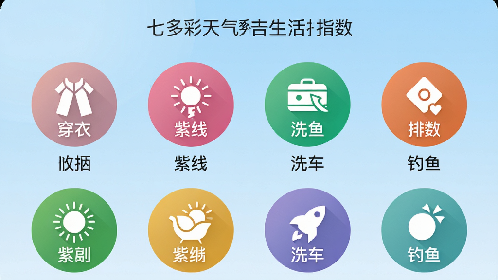一张展示七彩天气预告生活指数功能的图片,画面中是一个手机屏幕,屏幕上排列着多个彩色圆形图标,分别代表穿衣、紫外线、洗车、钓鱼等指数,每个图标下方有简短的文字说明,界面背景是柔和的渐变蓝色,整体布局整齐,风格清新明快,细节丰富,画质高清,干净无多余元素。