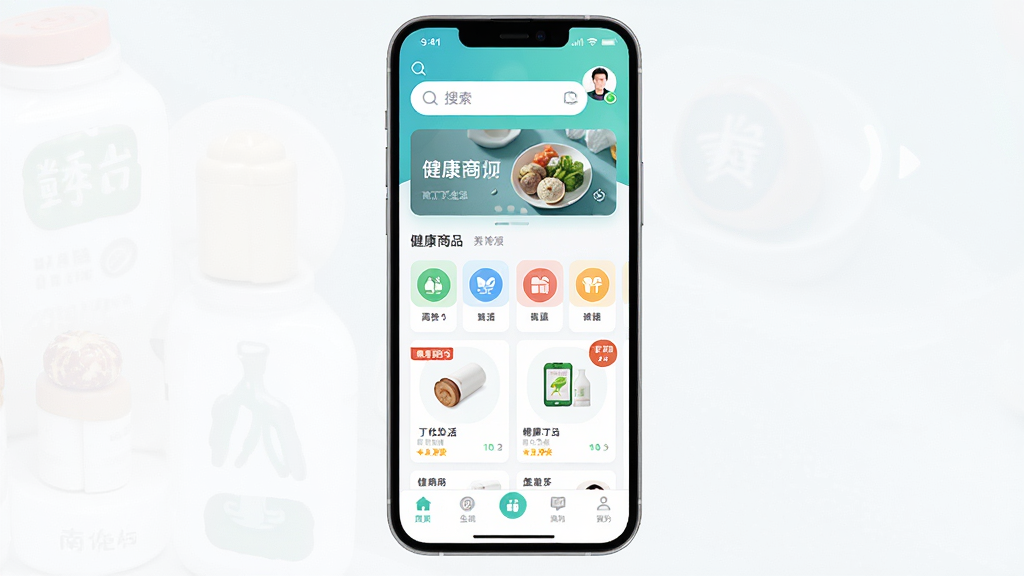 手机屏幕展示南丁优生活应用主界面,页面顶部有搜索栏和轮播图,中部为健康商品分类图标,底部导航栏清晰可见,整体布局简洁明亮,风格清新现代,细节包括商品卡片、促销标签和用户头像,画质清晰,干净无多余元素