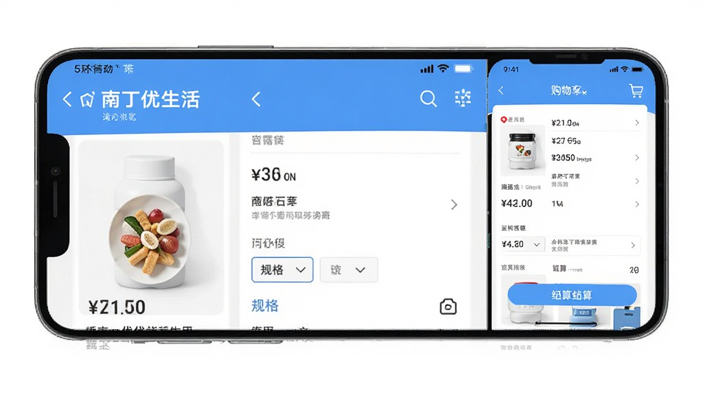 南丁优生活应用在手机上的操作界面截图,展示商品详情页与购物车页面,布局清晰,风格现代,细节包括价格标签、规格选择和结算按钮,画质清晰,干净无多余元素