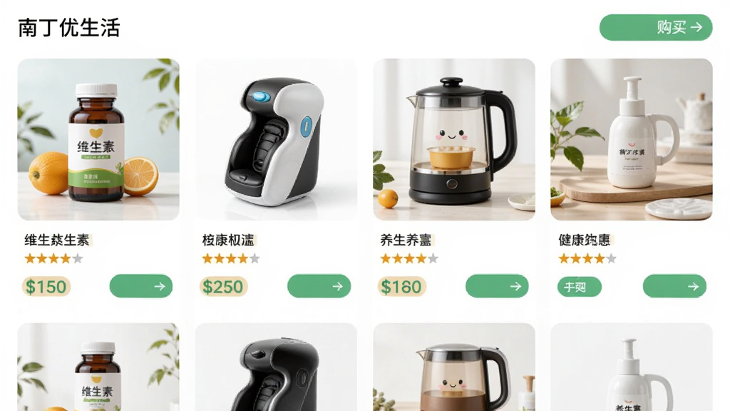 南丁优生活应用内商品列表页面,展示多款健康产品,如维生素、按摩仪、养生壶等,每件商品配有清晰图片、名称和价格,页面布局整齐,风格简约清新,细节包括评分星级和购买按钮,画质高清,干净无多余元素