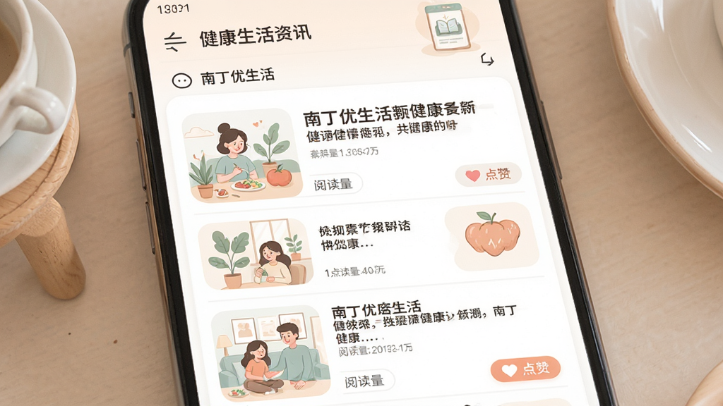 南丁优生活应用内健康资讯页面,展示多篇健康科普文章,配有插图与标题,页面风格柔和,布局清晰,细节包括阅读量和点赞按钮,画质清晰,干净无多余元素