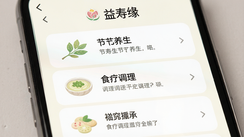 画面主体为手机屏幕显示中医知识科普文章列表,界面顶部有“益寿缘”文字,列表项包含节气养生、食疗调理等标题,布局为手机竖屏居中,背景为米白色,风格为清新阅读类APP界面风格,细节上文字清晰,图标简约,画质高清,干净,无多余元素