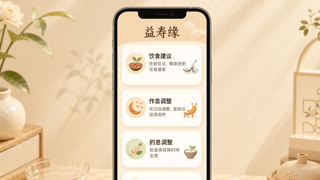 画面主体为手机屏幕展示养生方案页面,界面顶部有“益寿缘”文字,页面中包含饮食建议、作息调整等模块卡片,布局为手机竖屏居中,背景为浅暖色调,风格为卡片式UI设计风格,细节上卡片圆角柔和,图标为中医元素,画质高清,干净,无多余元素