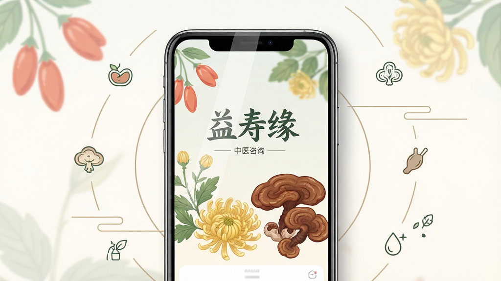 画面主体为一部智能手机,屏幕中显示中医健康咨询APP的首页界面,界面中包含“益寿缘”文字标识,背景为淡雅的中医草本元素如枸杞、菊花、灵芝的柔和插画,布局为手机居中放置,周围环绕简约的养生图标与线条,排版清晰整洁,风格为现代简约中国风,细节上手机屏幕有轻微反光,画质高清,干净,无多余元素