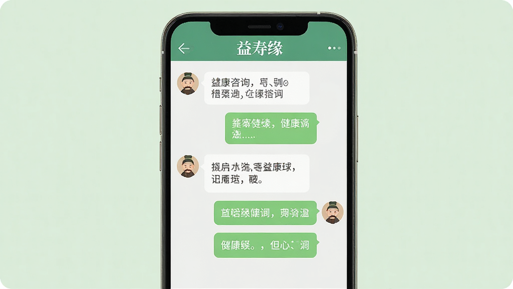 画面主体为手机屏幕展示在线咨询聊天界面,界面顶部有“益寿缘”文字,聊天内容为健康咨询问答,布局为手机竖屏居中,背景为浅绿色调,风格为扁平化UI设计风格,细节上聊天气泡清晰,头像为中医风格图标,画质高清,干净,无多余元素