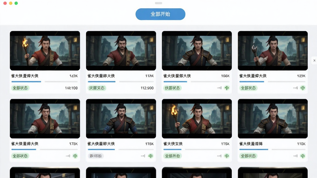 雀大侠批量处理界面,画面展示多个视频缩略图排列成网格,每个缩略图下方有进度条和状态标签,顶部有“全部开始”按钮,布局为列表网格混合,风格为清爽浅色系,细节包含文件名称与大小信息,画质清晰,干净无多余元素